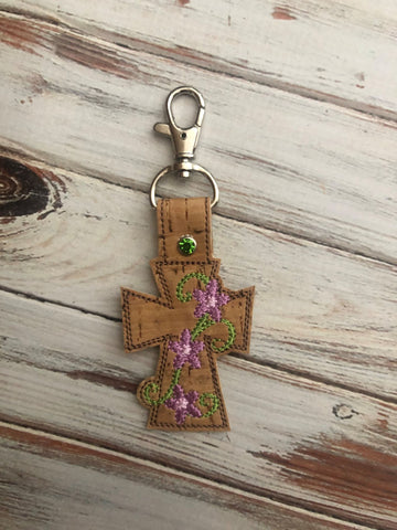 Cross with Flower Accent Key Fob